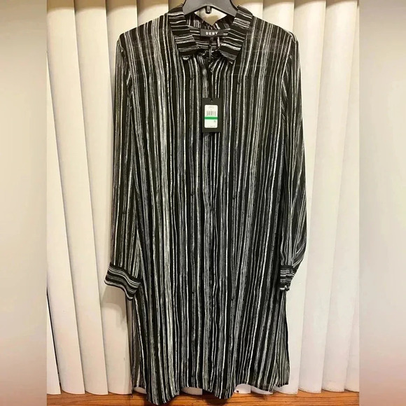 NWT DKNY Long Sleeve Shirt Dress Open Back Stripes White Black SZ Large - Picture 1 of 9
